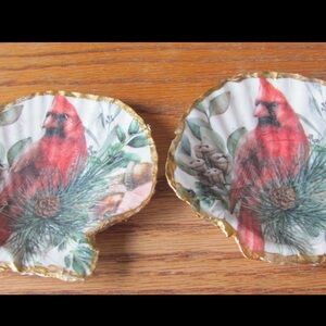 Decorative Shell with Red cardinal Bird set of 2 gold trim handmade